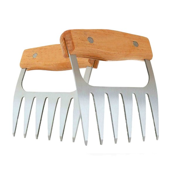 1-Pair:Wooden Handles Stainless Steel Meat Poultry Shredding Cutting Claws(Brown - Picture 1 of 5
